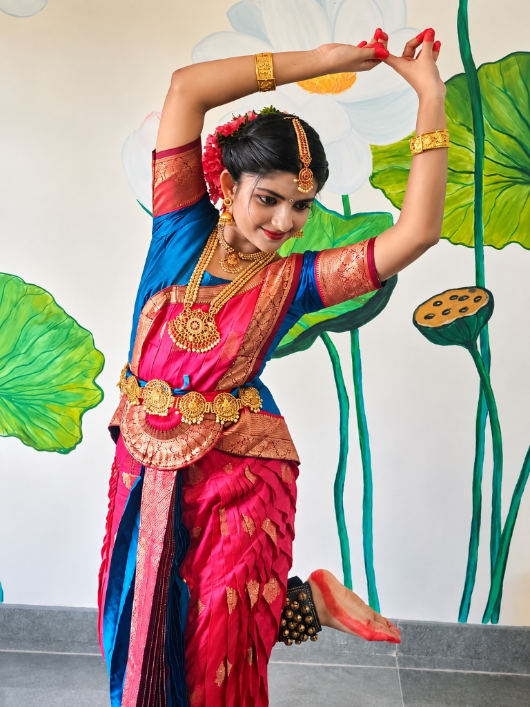 Classical dance costume styling and stage makeup with temple jewelry and alta