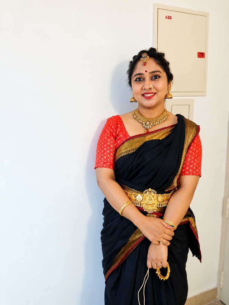 Traditional black saree styling with gold temple kamarbandh and maang tikka
